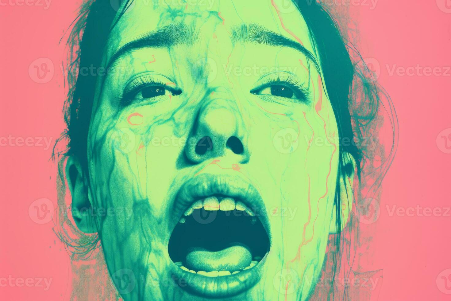 a woman with her mouth open in front of a pink background generative ai photo