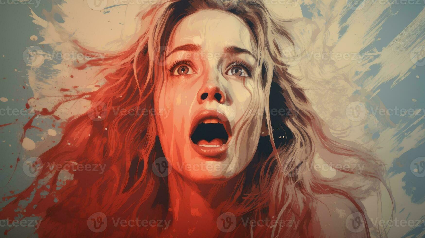 a woman with her mouth open in front of a red and blue background generative ai photo