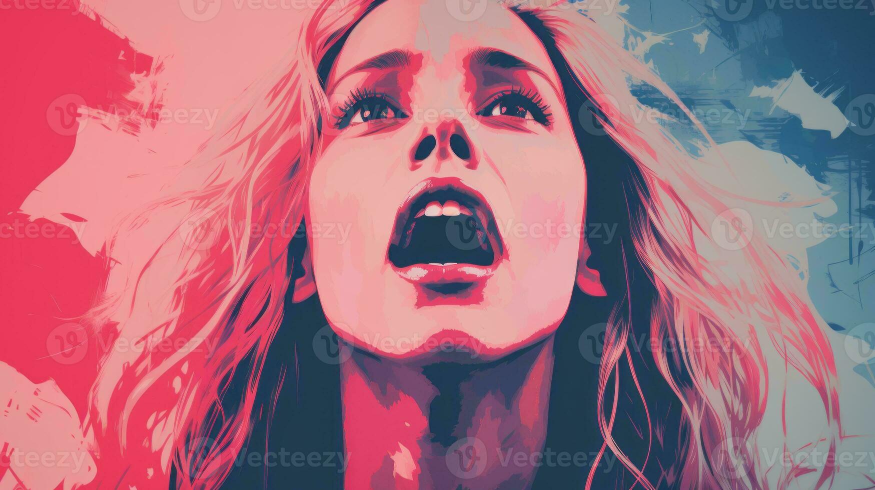 a woman with her mouth open in front of a red and blue background generative ai photo