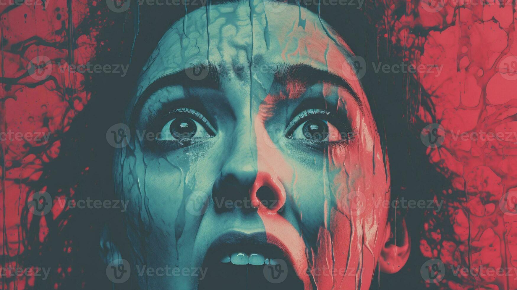 a woman with her mouth open in front of a red and blue background generative ai photo