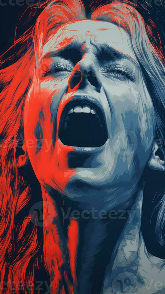 a woman with her mouth open in front of a red and blue background generative ai photo