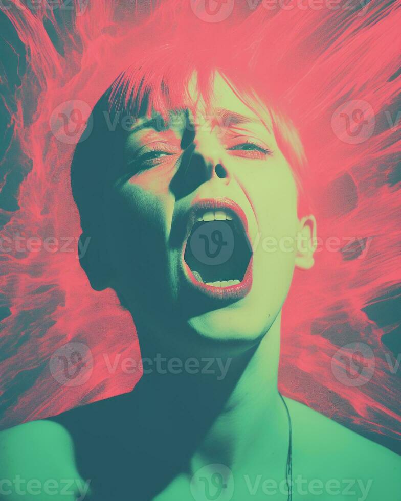 a woman with her mouth open in front of a red and green background generative ai photo