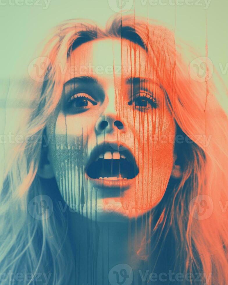 a woman with her mouth open in front of a red and blue background generative ai photo