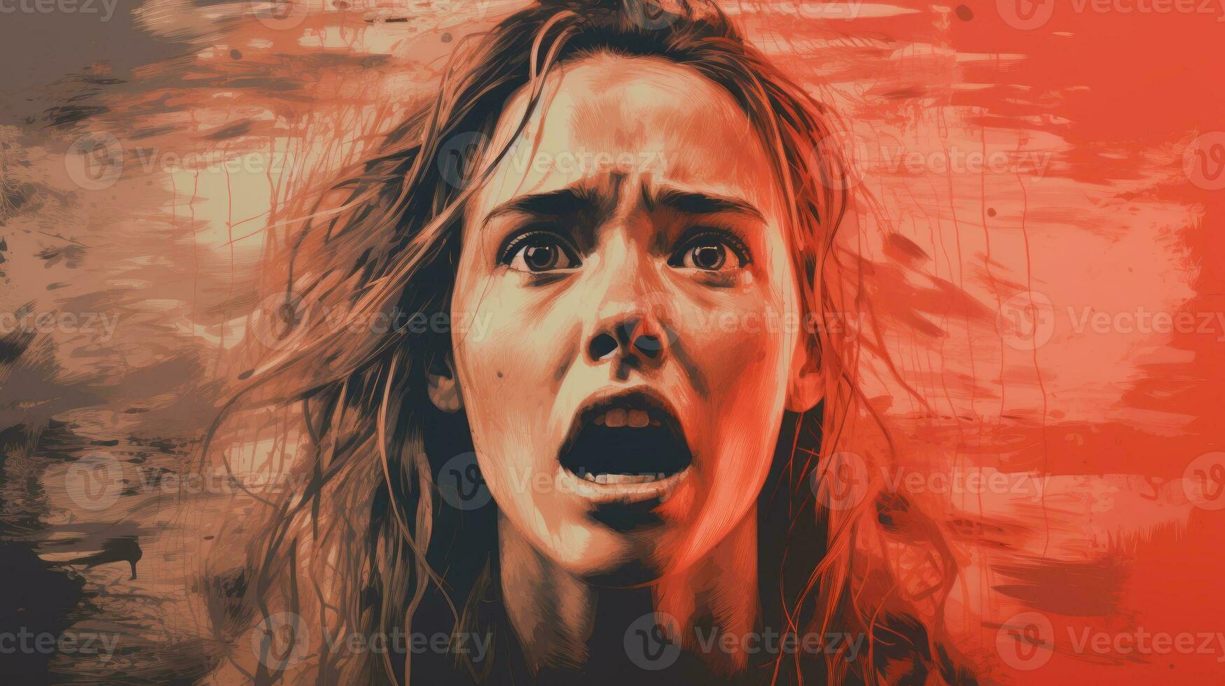 a woman with her mouth open in front of a red background generative ai photo