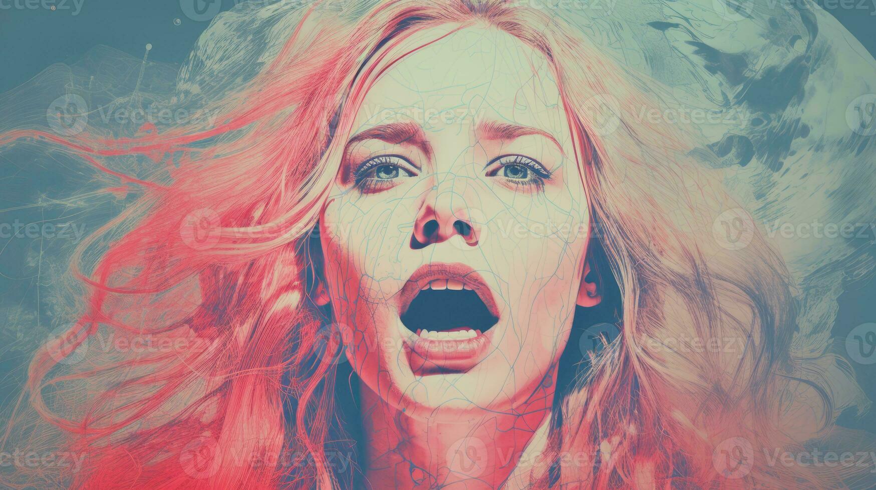a woman with her mouth open in front of an image of the earth generative ai photo