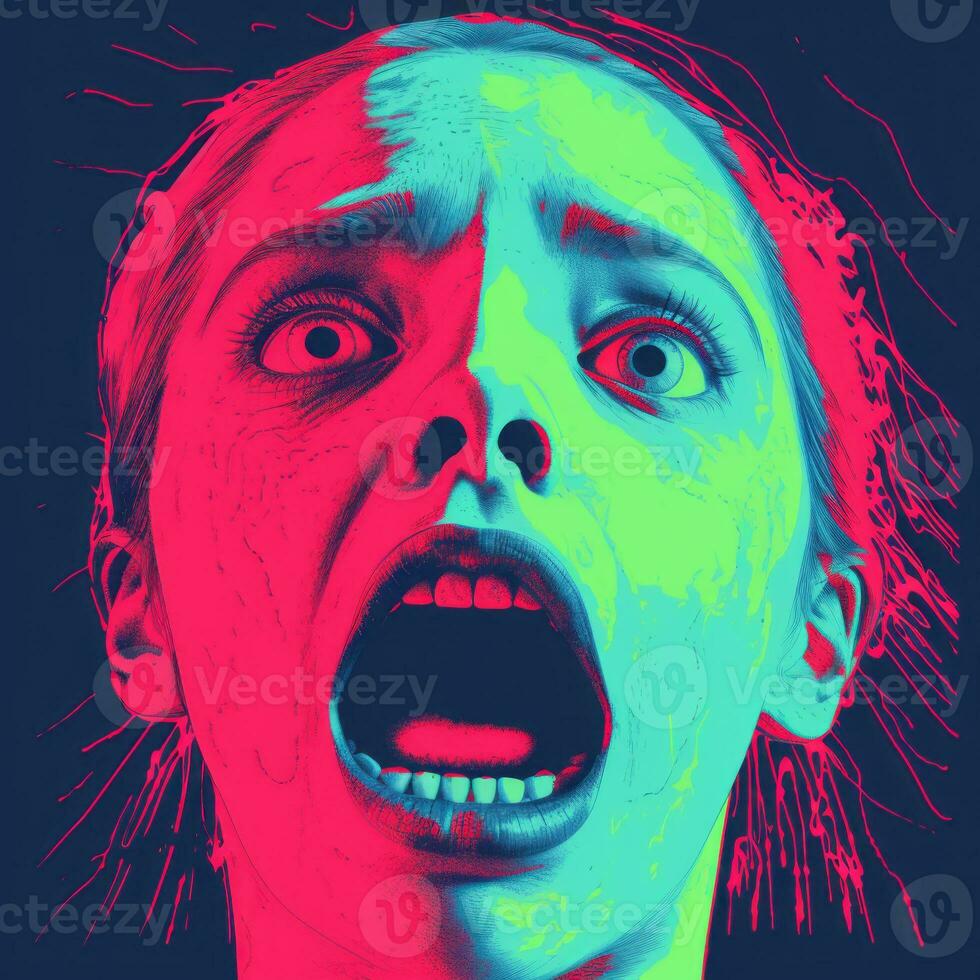 a woman with her mouth wide open in front of a blue and pink background generative ai photo