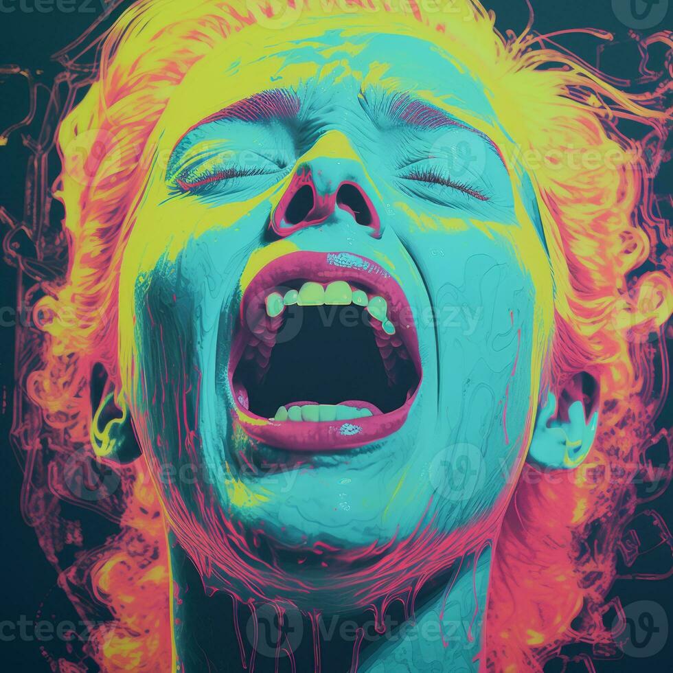 a woman with her mouth open in neon colors generative ai photo