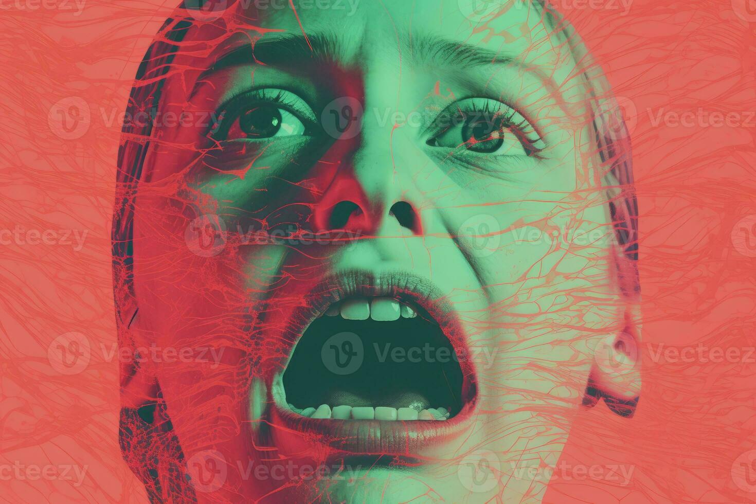 a woman with her mouth open in front of a red and green background generative ai photo