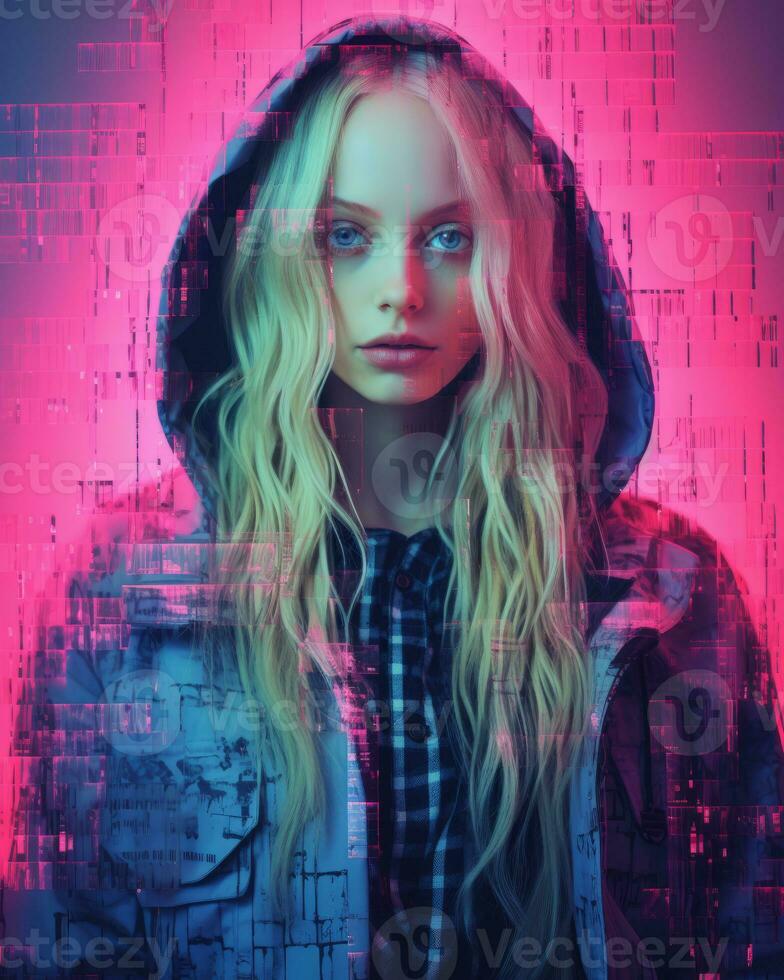 a woman with long blonde hair and a hoodie generative ai photo