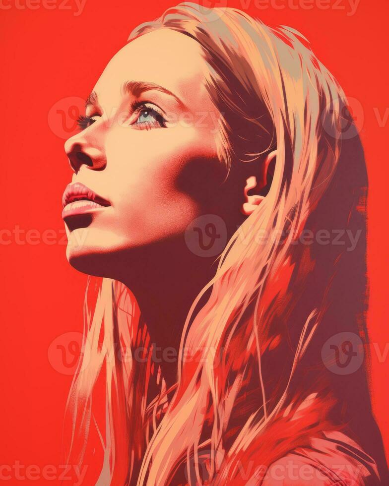 a woman with long blonde hair and a red background generative ai photo