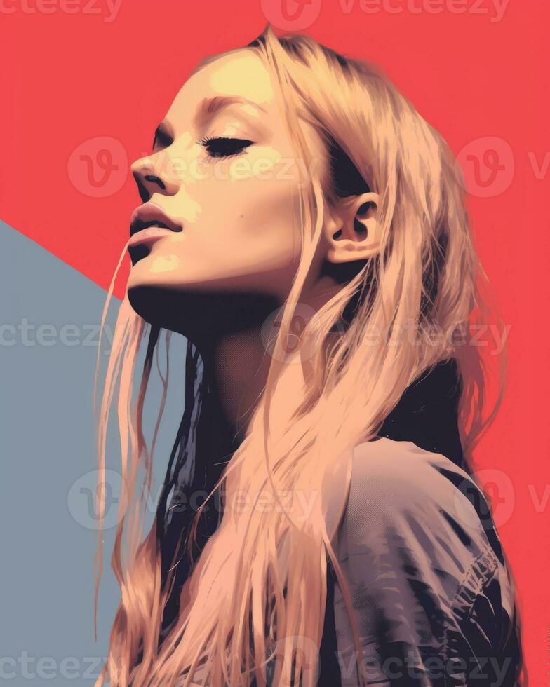 a woman with long blonde hair and a red and blue background generative ai photo