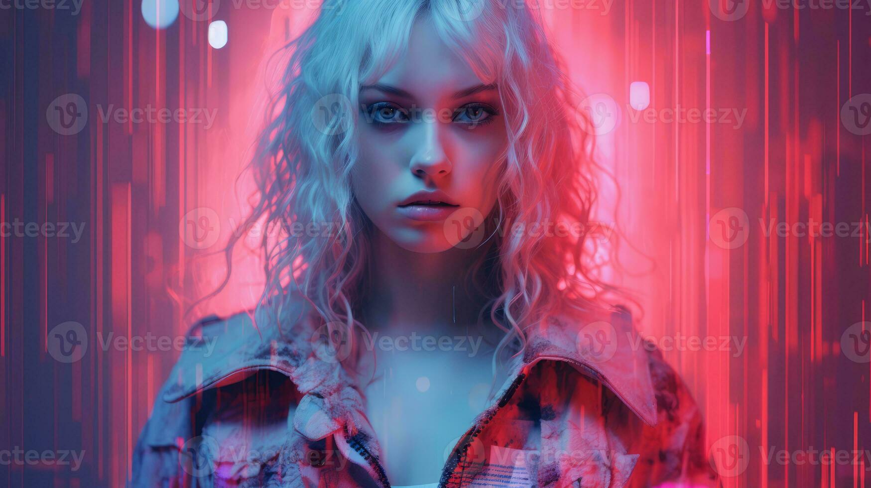 a woman with long blonde hair and a red shirt is standing in front of a neon light generative ai photo