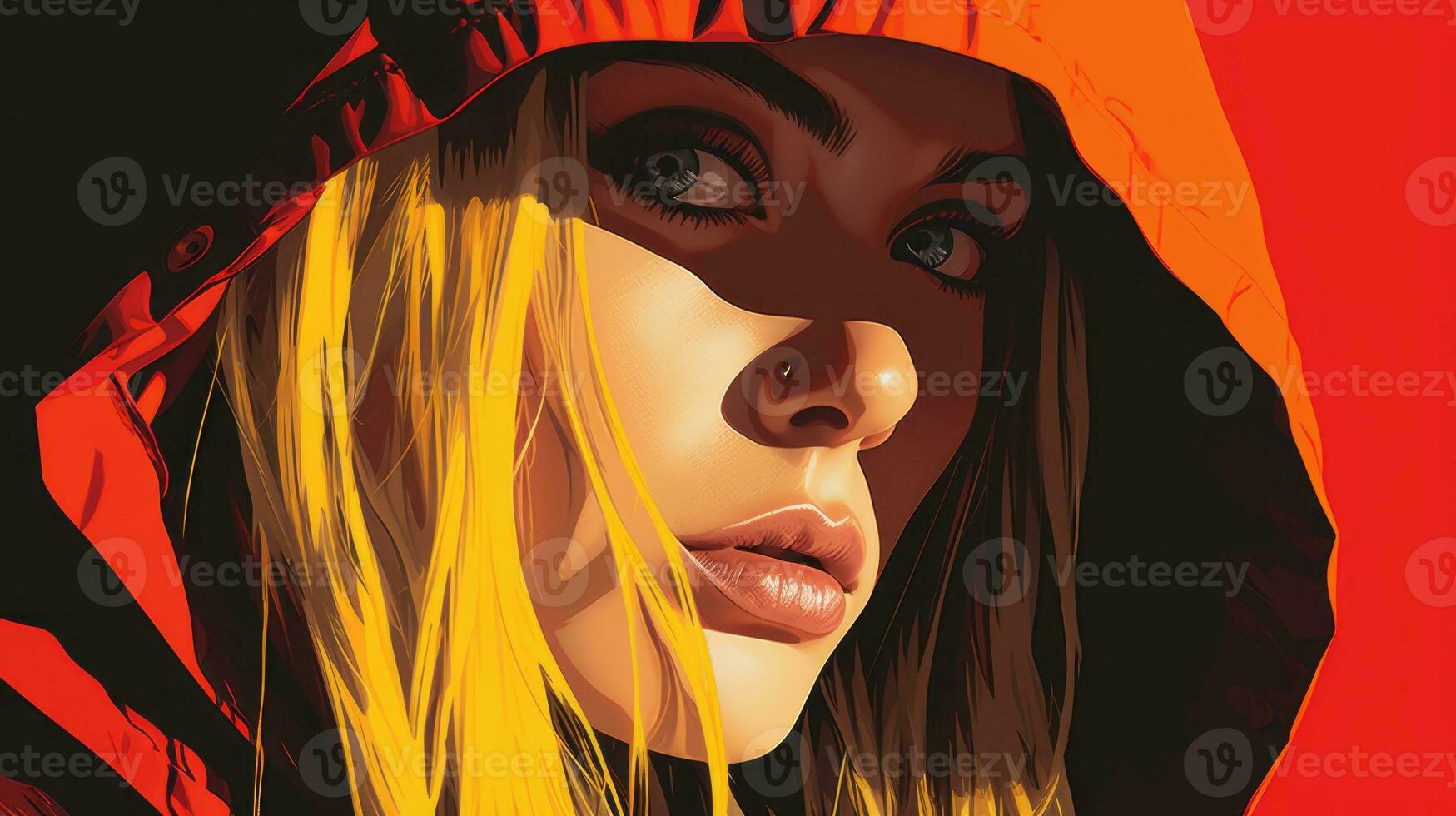 a woman with long blonde hair and a red hoodie generative ai photo