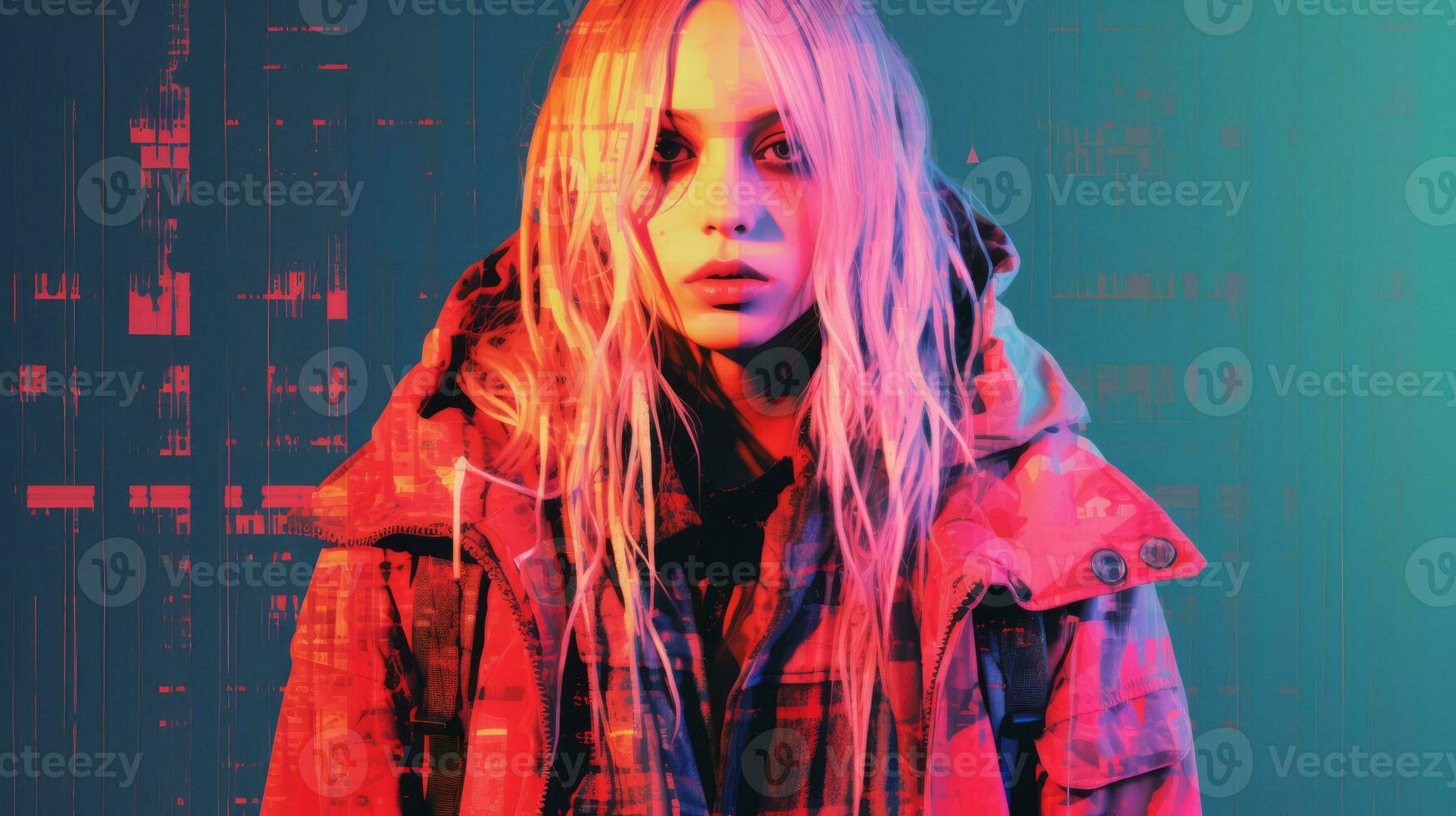 a woman with long blonde hair and a red jacket generative ai photo