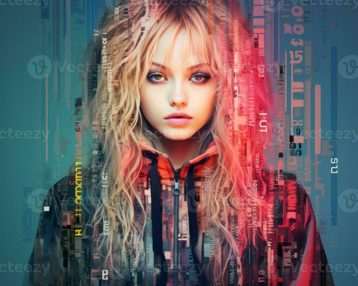a woman with long blonde hair and an image of a computer screen in the background generative ai photo