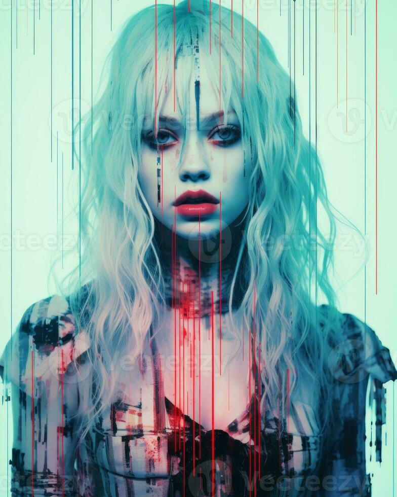 a woman with long blonde hair and blood dripping down her face generative ai photo