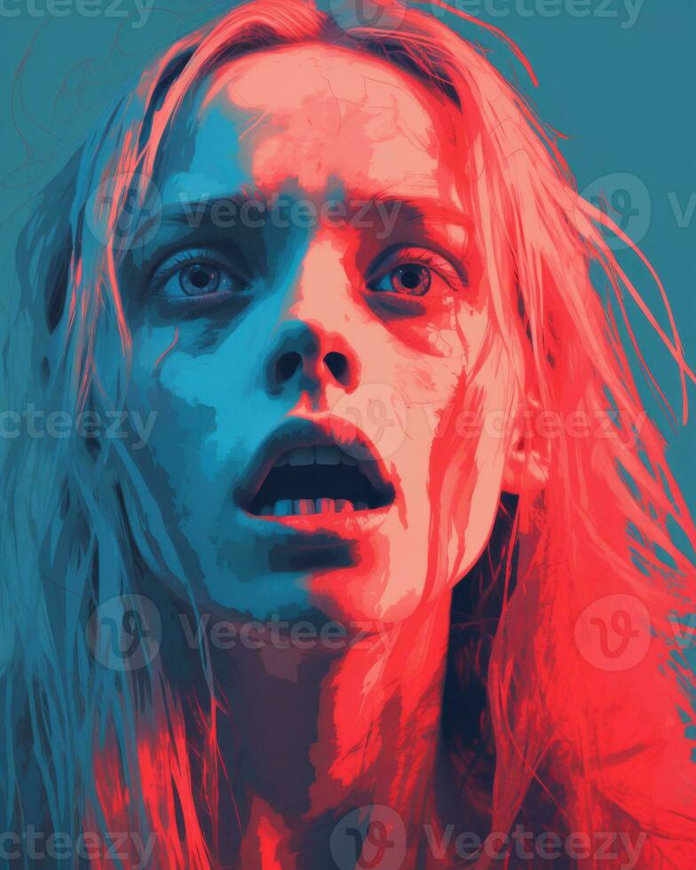 a woman with long blonde hair and blue eyes is staring into the camera generative ai photo