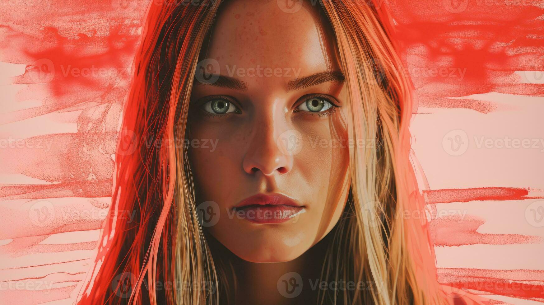 a woman with long blonde hair and blue eyes is staring into the camera generative ai photo