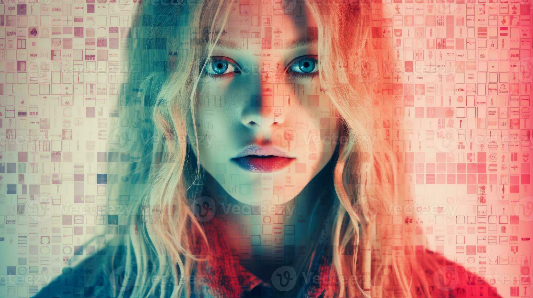 a woman with long blonde hair and blue eyes looks into the camera generative ai photo