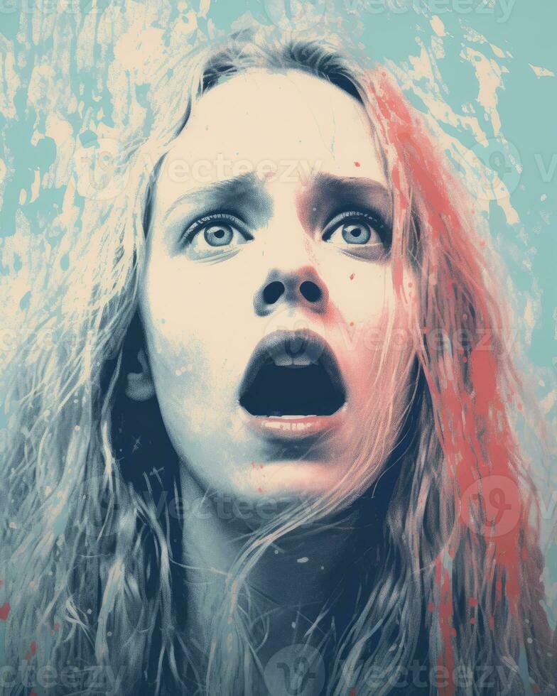 a woman with long blonde hair and blue eyes is looking up at the camera generative ai photo