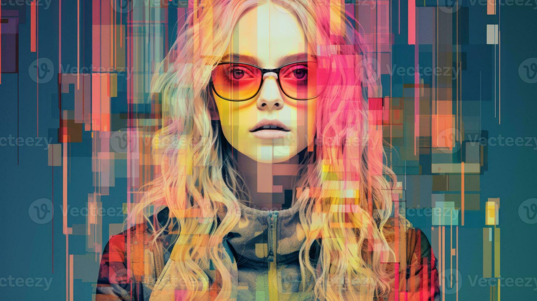 a woman with long blonde hair and glasses in front of a colorful background generative ai photo