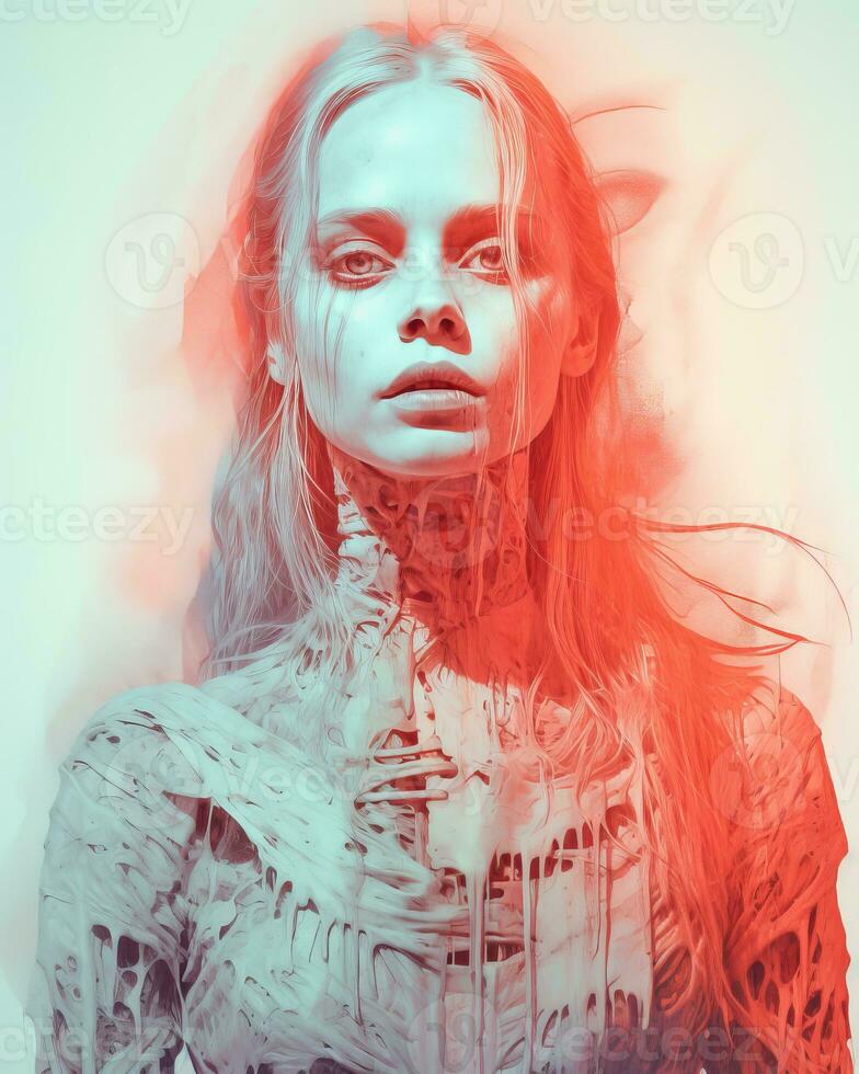 a woman with long blonde hair and red eyes generative ai photo