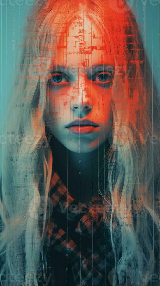 a woman with long blonde hair and red eyes is staring into the camera generative ai photo