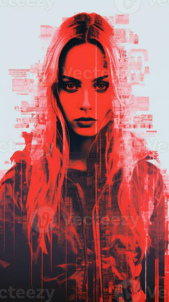a woman with long blonde hair and red hair is shown in a red and black poster generative ai photo