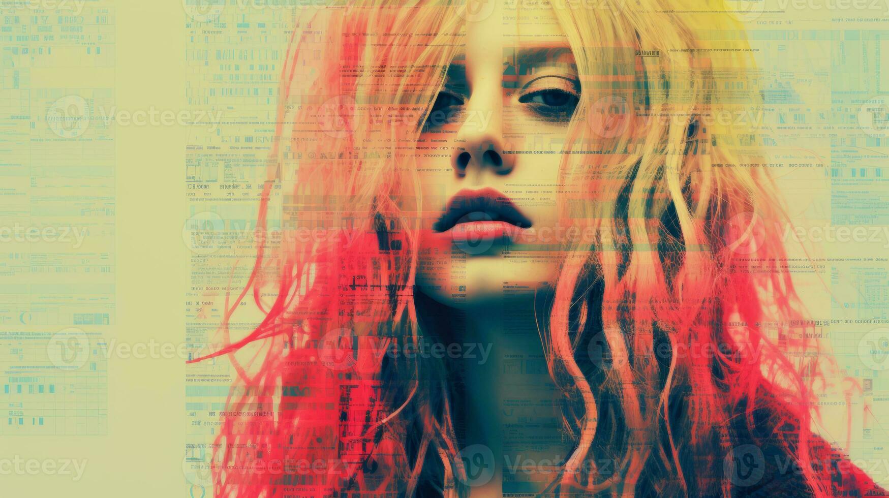 a woman with long blonde hair and red hair is standing in front of a computer screen generative ai photo
