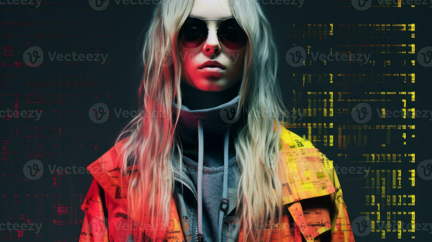 a woman with long blonde hair and sunglasses standing in front of a computer screen generative ai photo