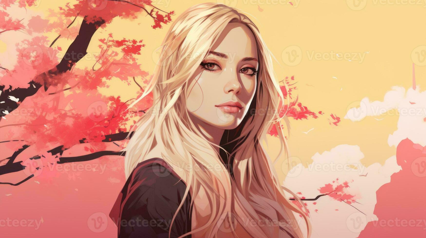 a woman with long blonde hair in front of a cherry tree generative ai photo