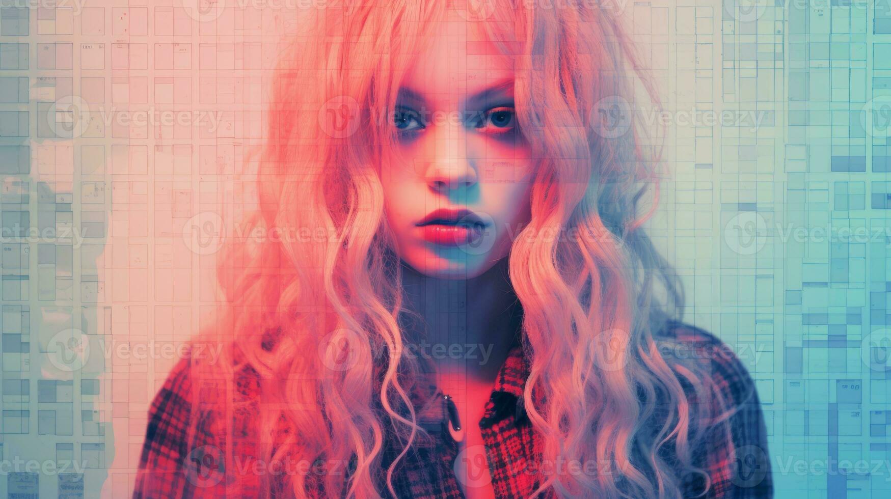 a woman with long blonde hair in front of a blue and pink background generative ai photo