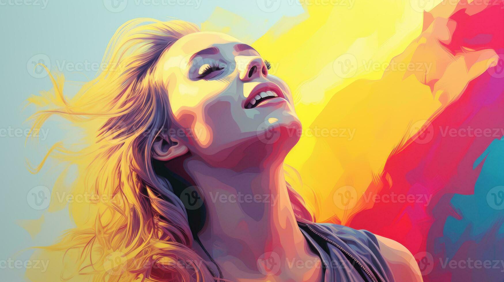 a woman with long blonde hair in front of a colorful background generative ai photo