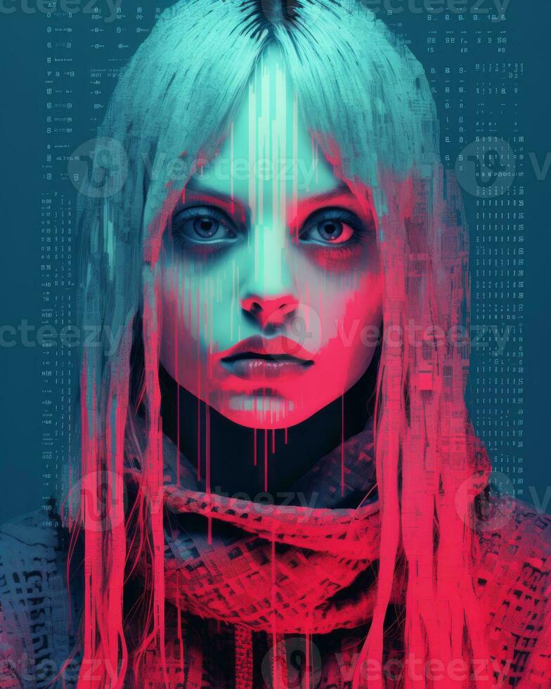 a woman with long blonde hair in front of a computer screen generative ai photo