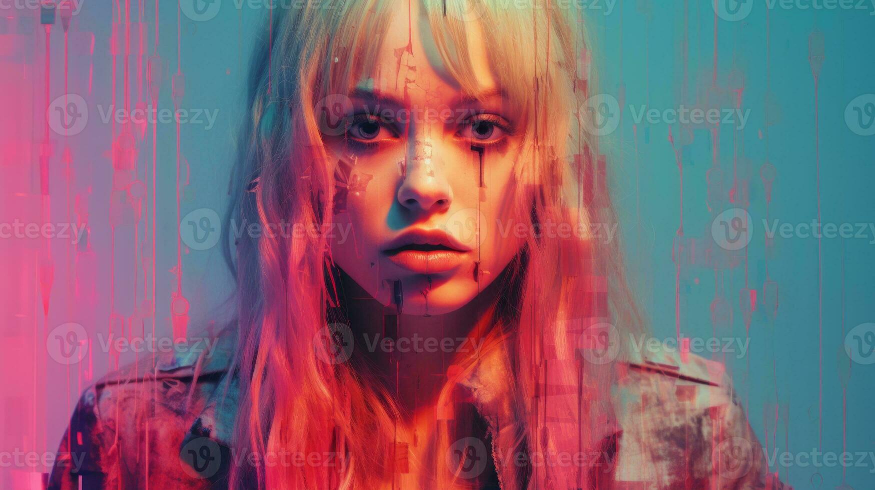 a woman with long blonde hair in front of a colorful background generative ai photo