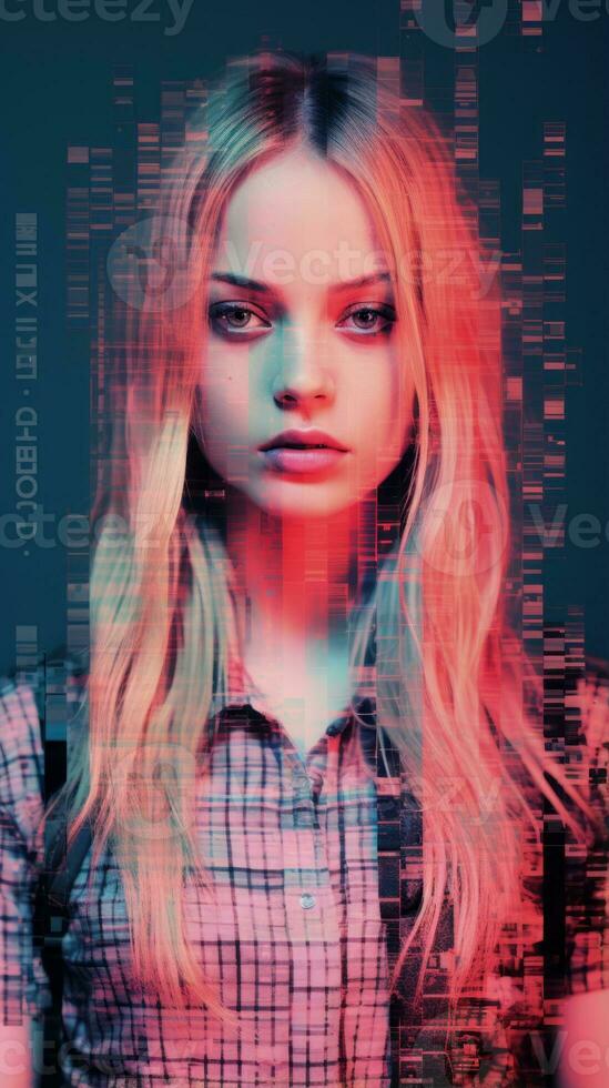 a woman with long blonde hair in front of a computer screen generative ai photo