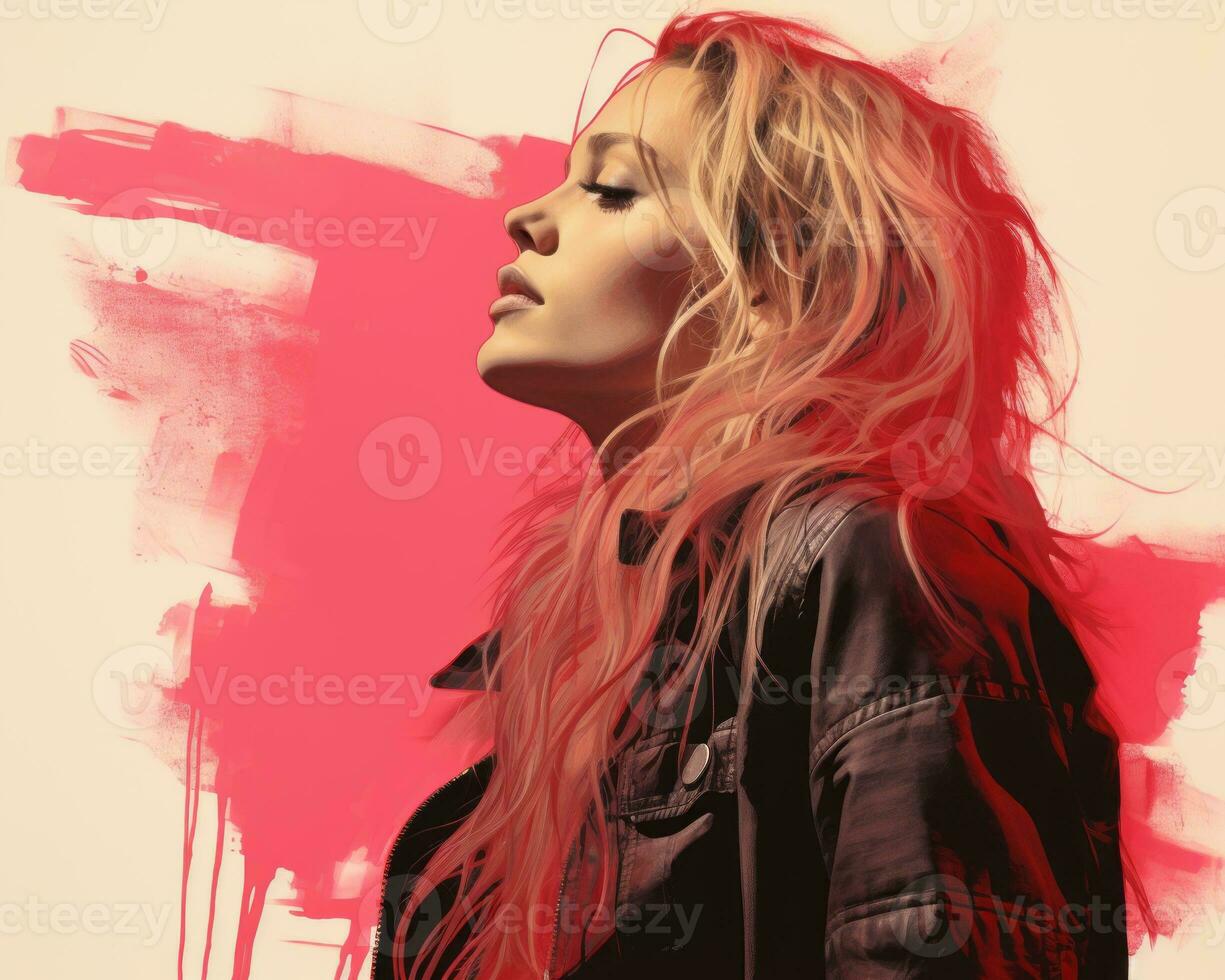 a woman with long blonde hair in front of a pink background generative ai photo