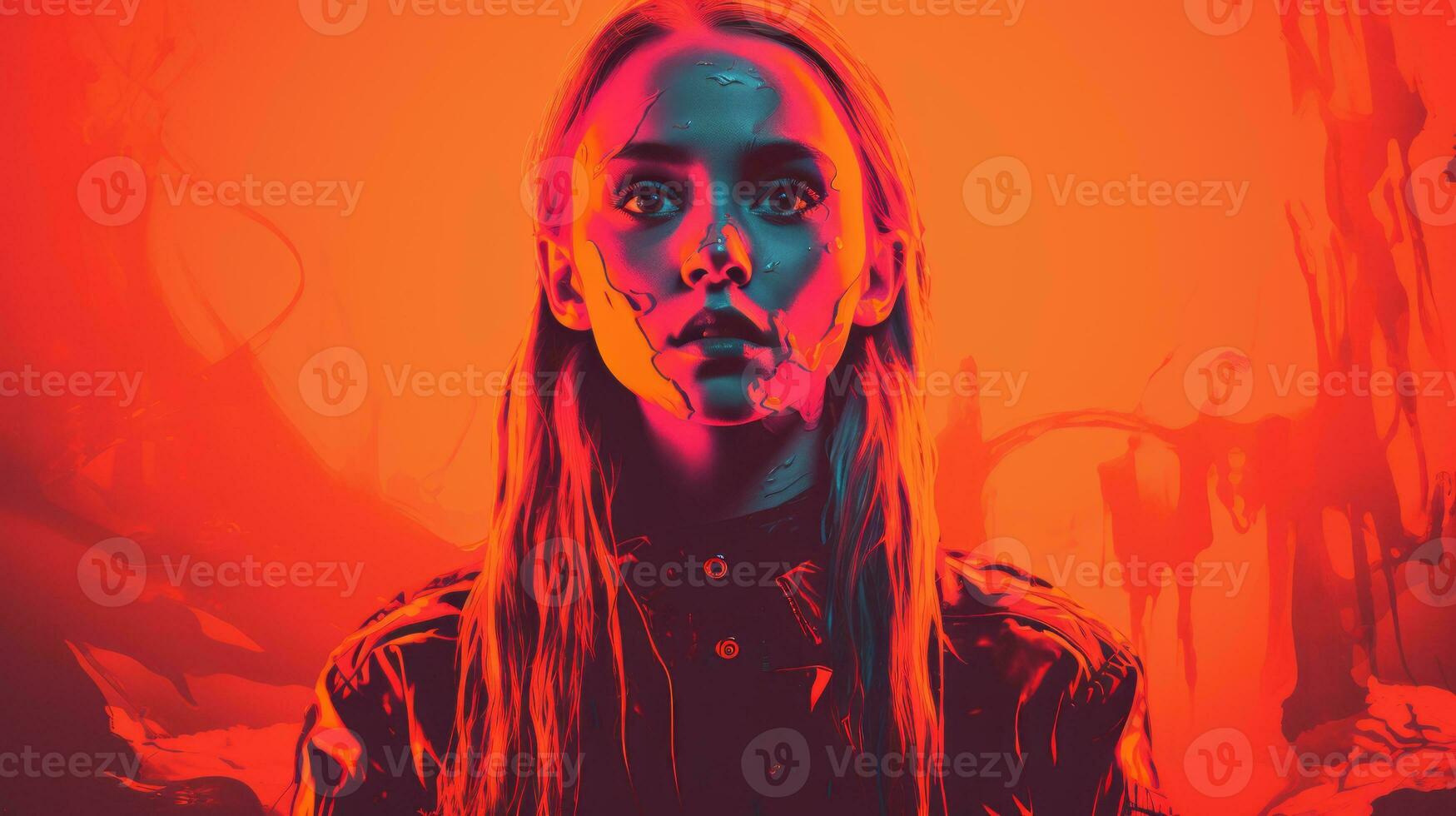 a woman with long blonde hair in front of an orange background generative ai photo