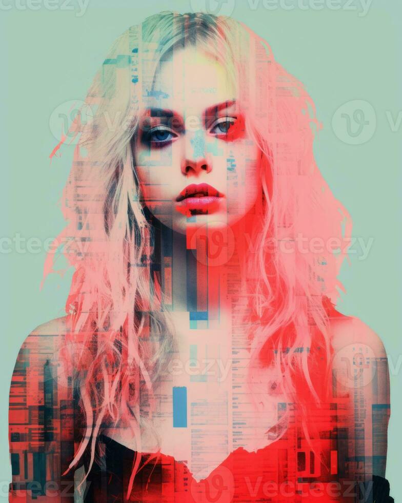 a woman with long blonde hair is in front of a computer screen generative ai photo