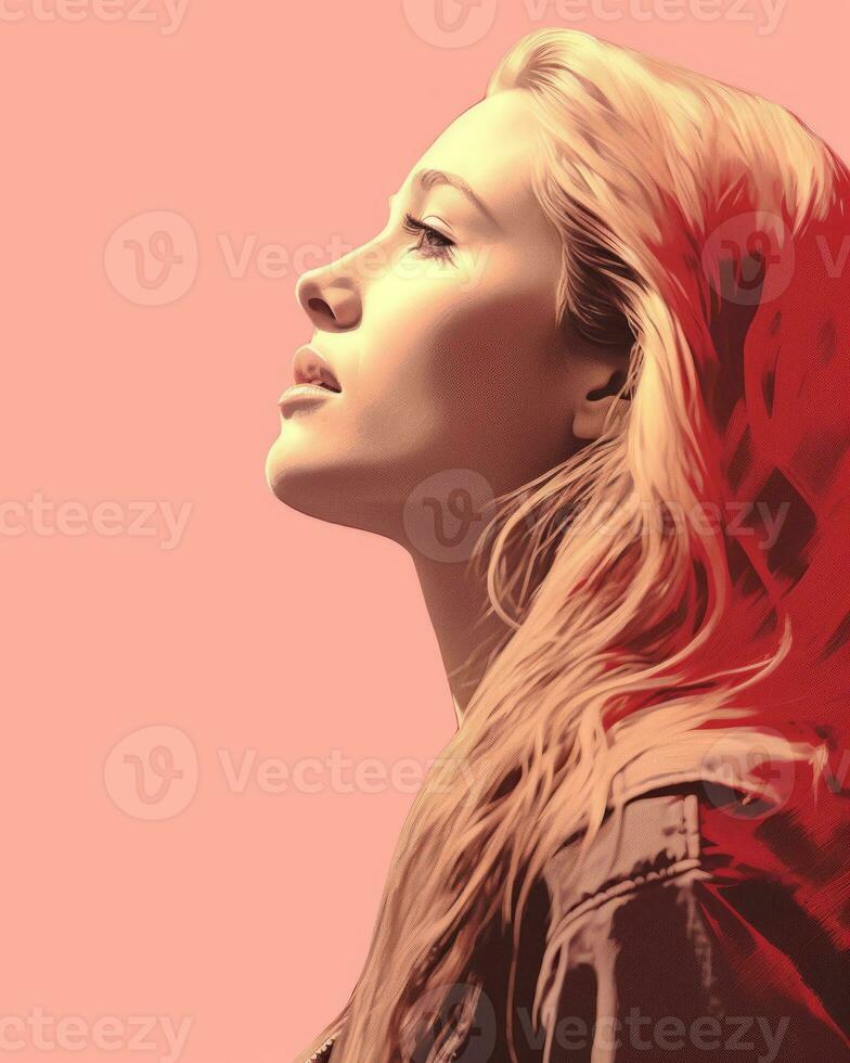 a woman with long blonde hair is looking up generative ai photo