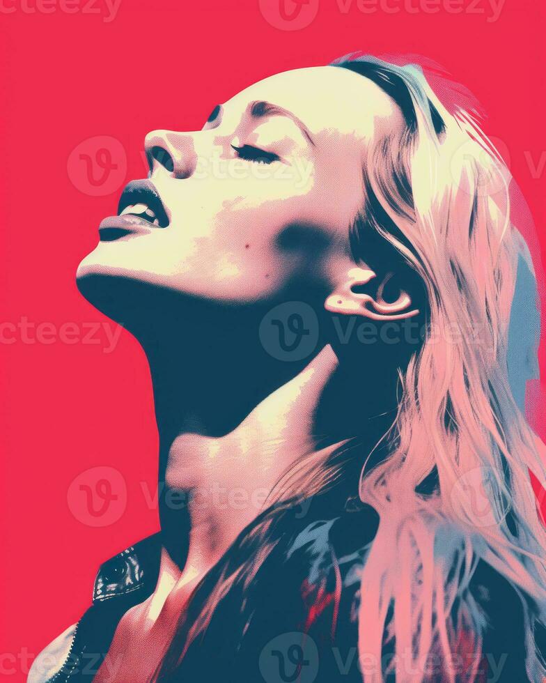 a woman with long blonde hair is looking up in the air generative ai photo