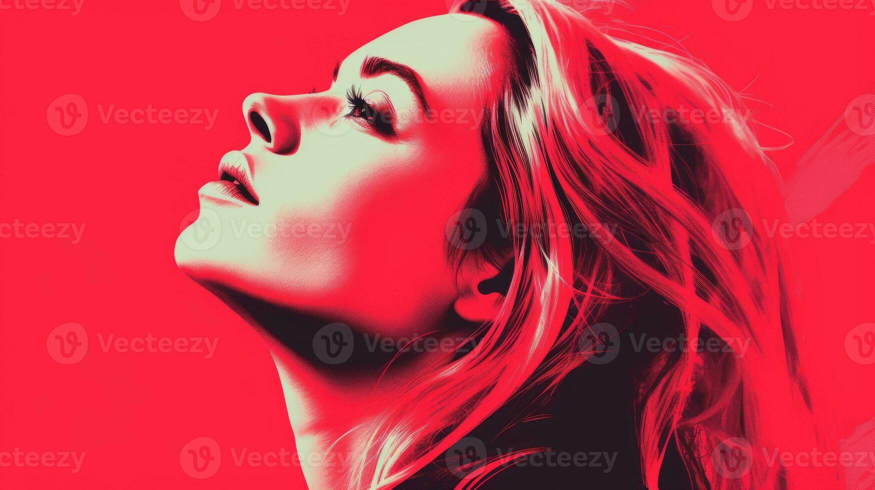 un mujer con largo rubia pelo es mirando arriba en frente de un rojo antecedentes generativo ai foto