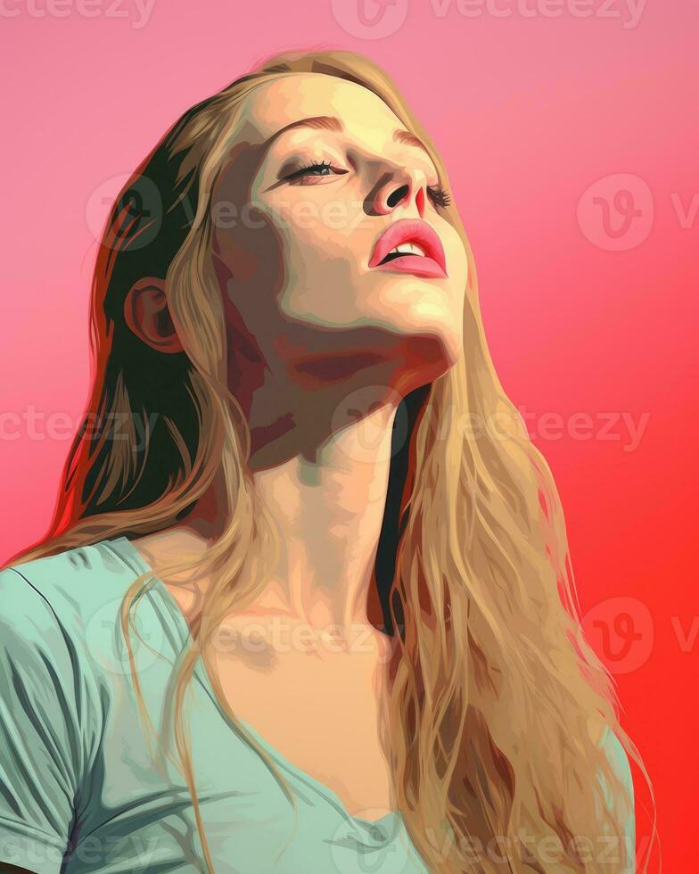a woman with long blonde hair is looking up generative ai photo