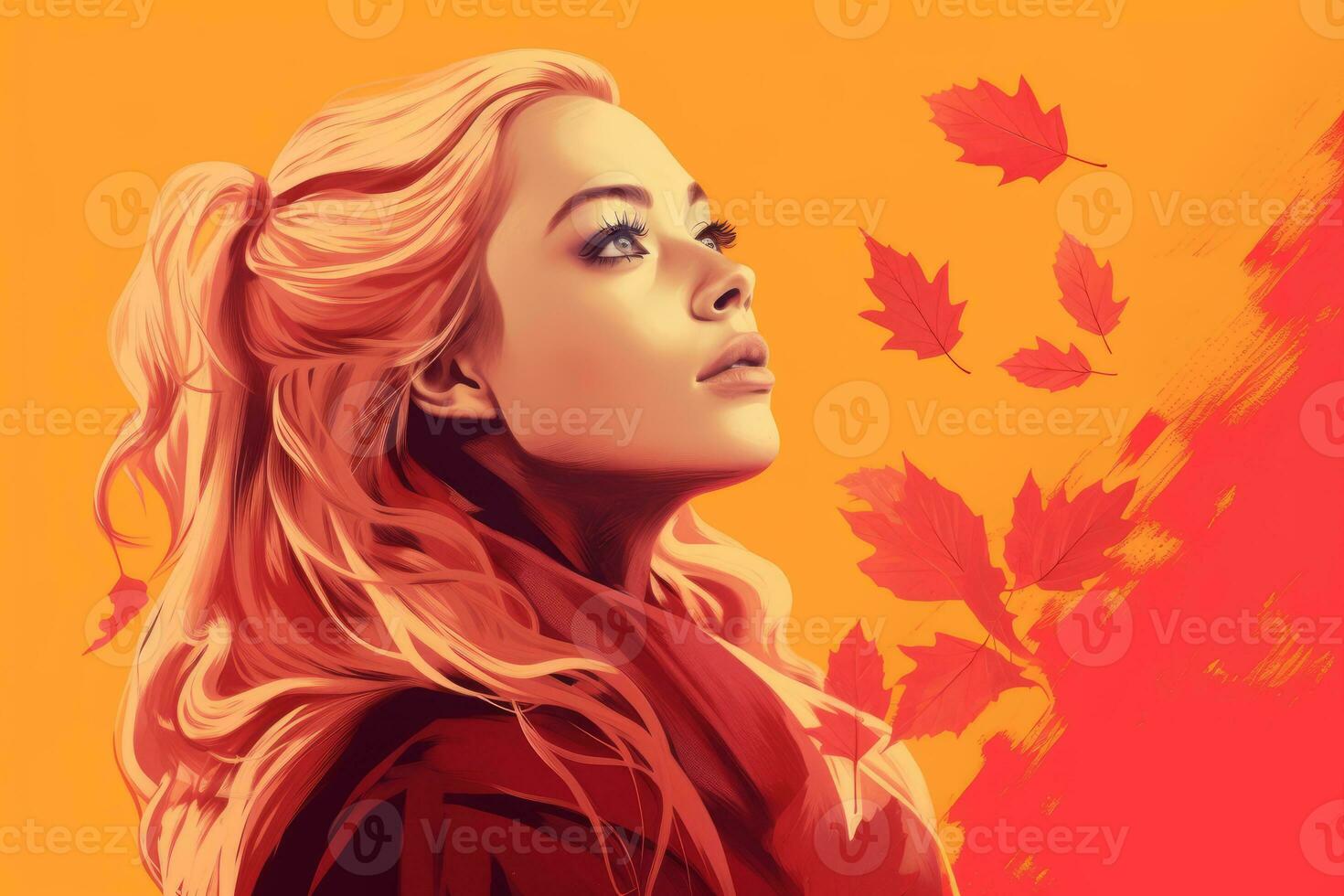 a woman with long blonde hair is looking up in the air generative ai photo