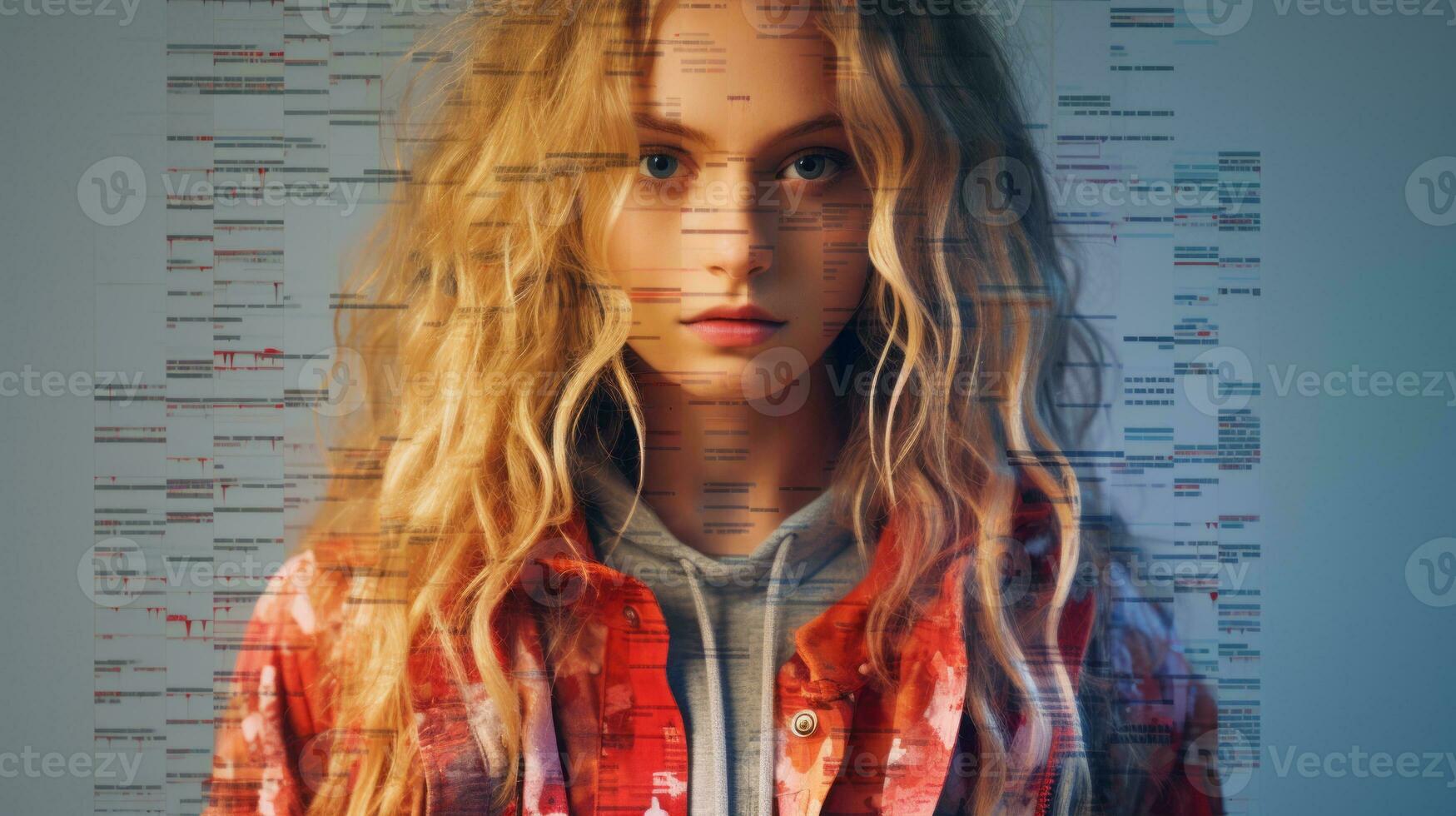 a woman with long blonde hair is shown in front of a computer screen generative ai photo