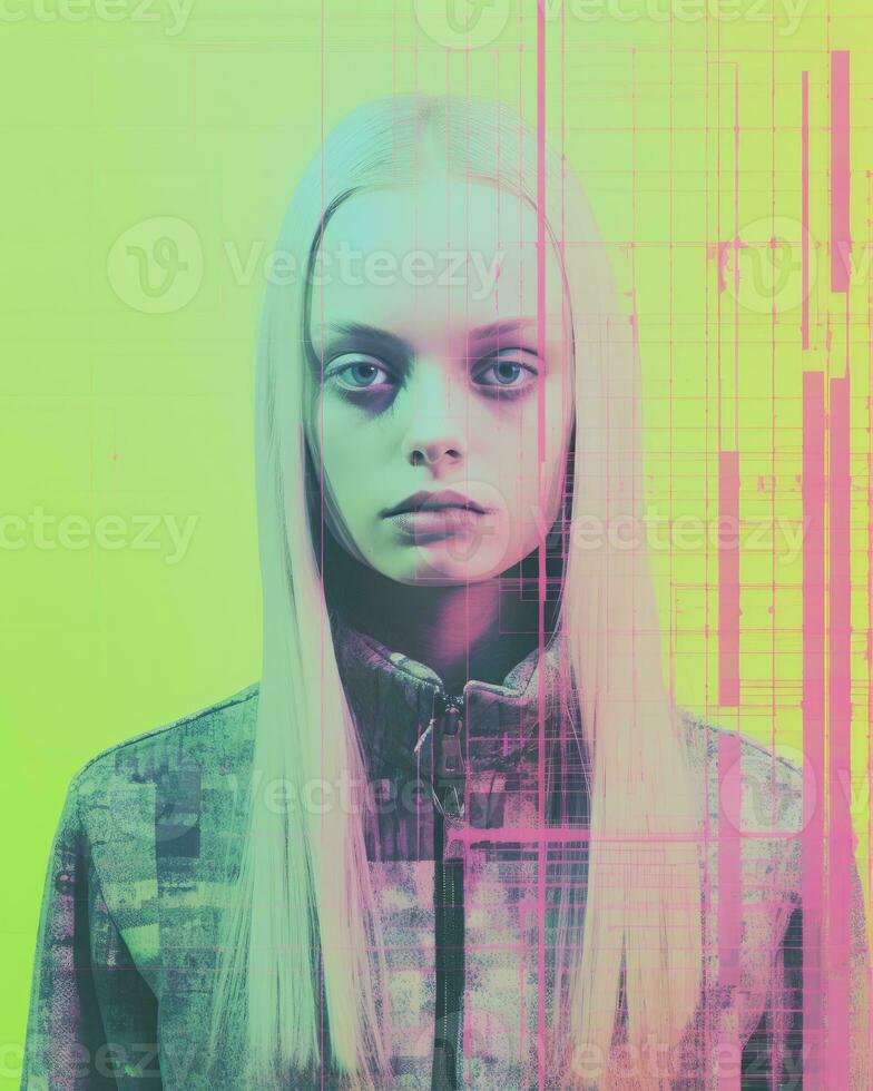 a woman with long blonde hair standing in front of a colorful background generative ai photo