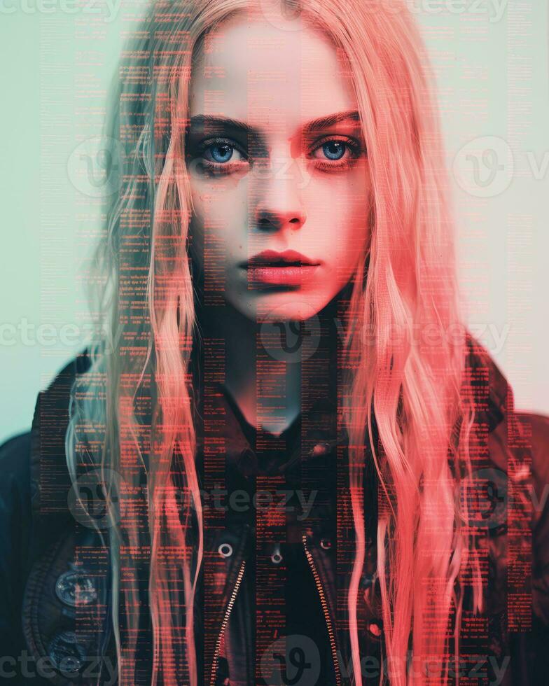 a woman with long blonde hair standing in front of a computer screen generative ai photo