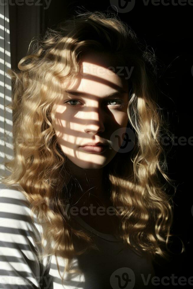 a woman with long blonde hair standing in front of a window generative ai photo