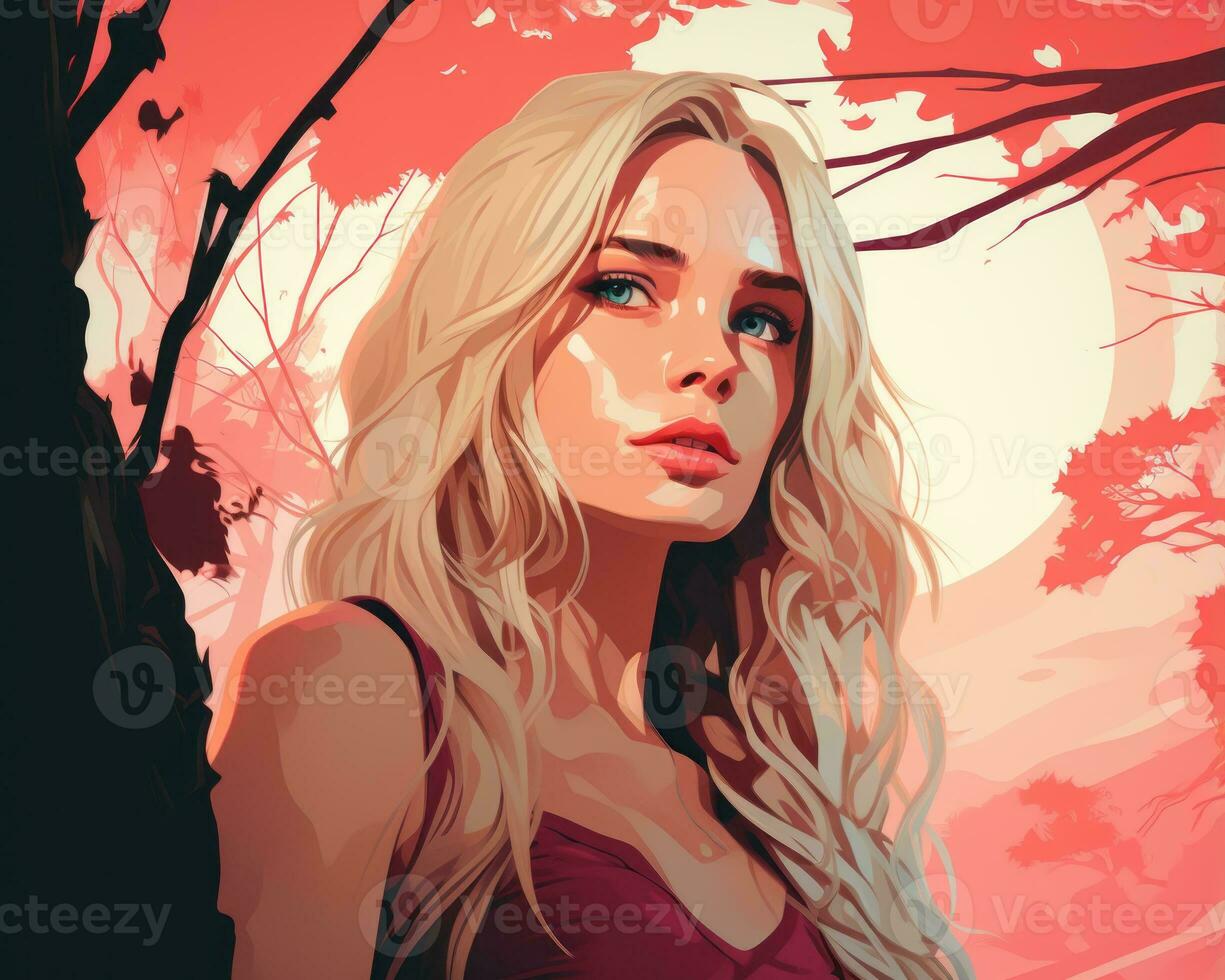 a woman with long blonde hair standing in front of a tree generative ai photo