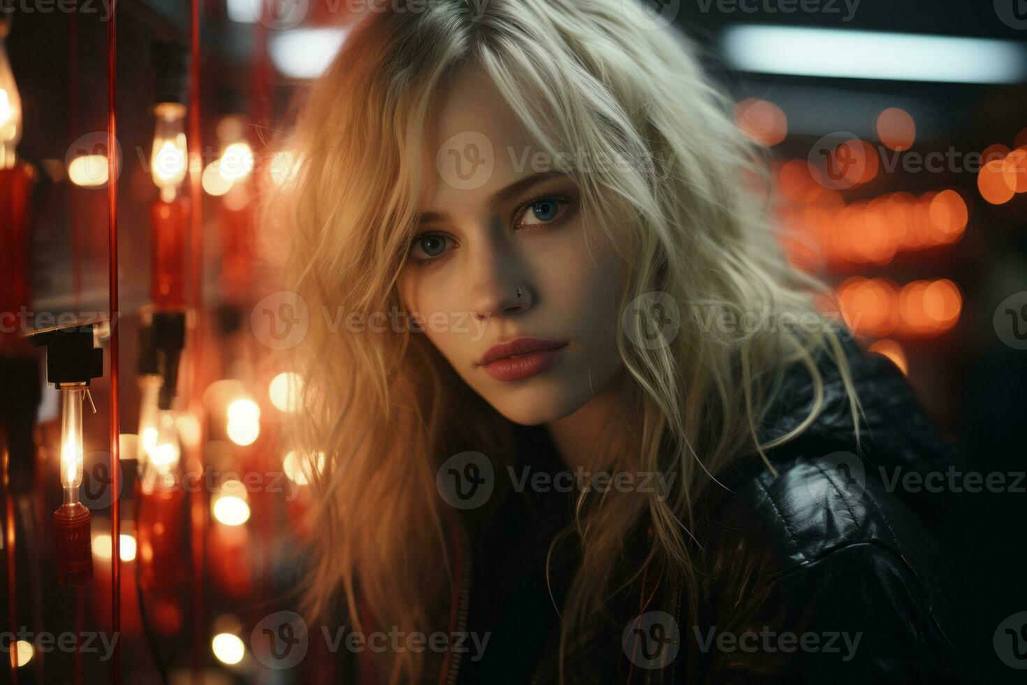 a woman with long blonde hair standing in front of red lights generative ai photo